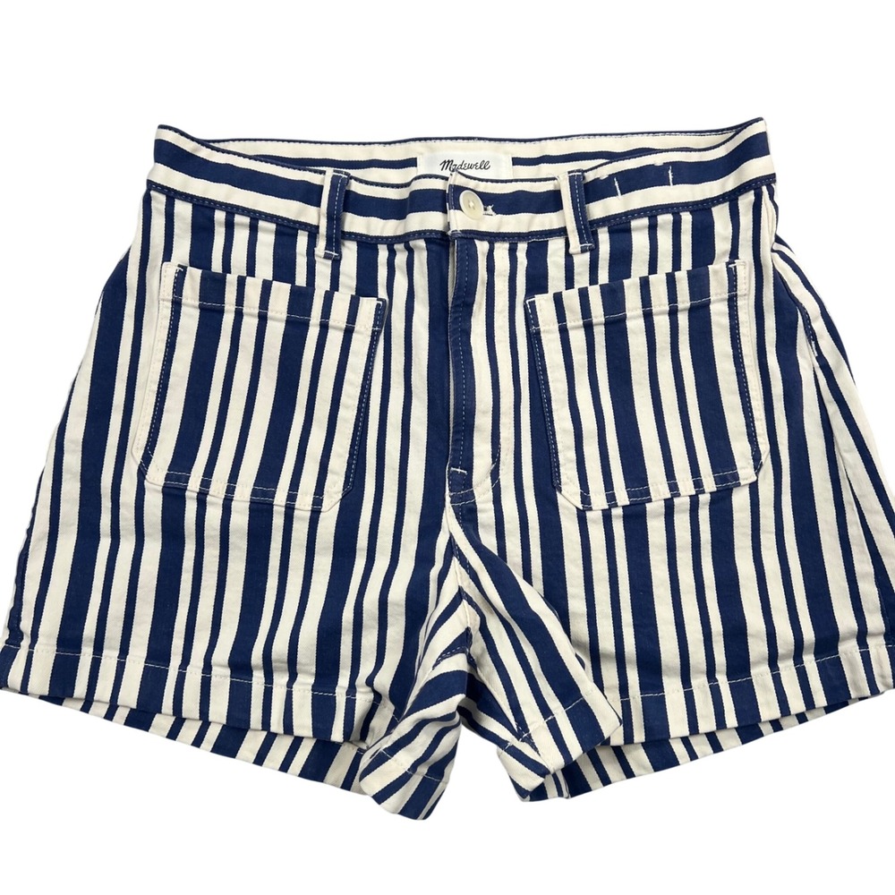 Madewell Striped Shorts Womens 29 Blue White High Rise Patch Pocket Denim